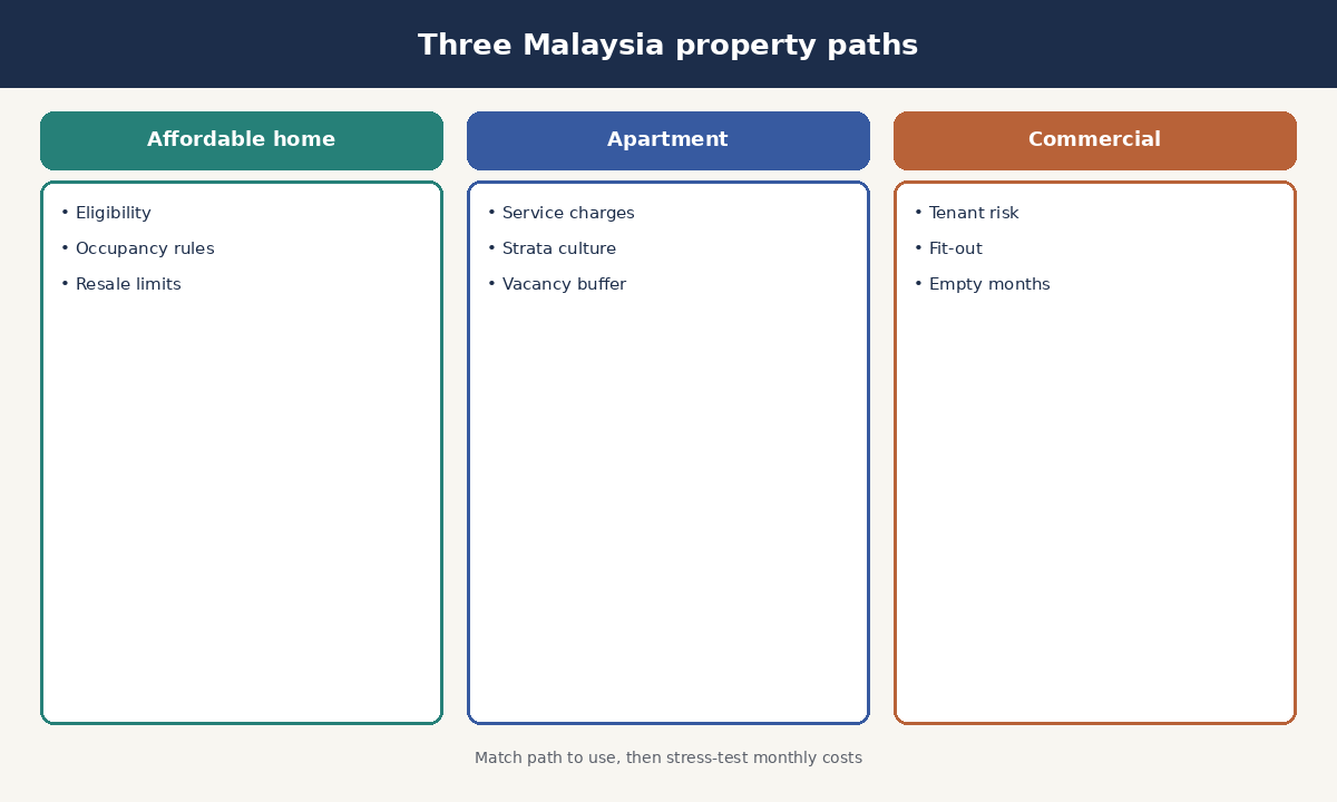 Three cards comparing affordable home, apartment, and commercial property paths for Malaysia buyers